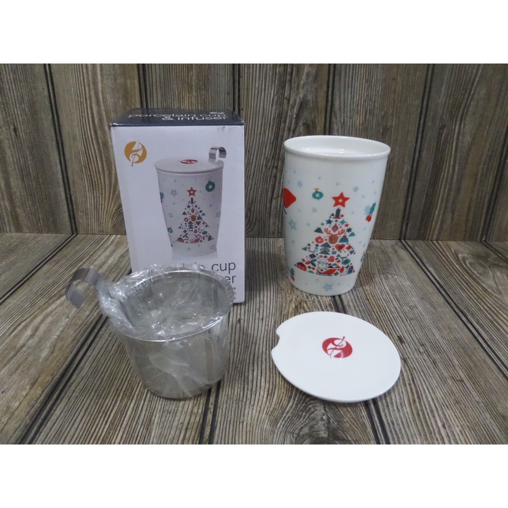Adagio Teas Porcelain Cup & Tea Infuser For Loose Tea 12oz Christmas Tree